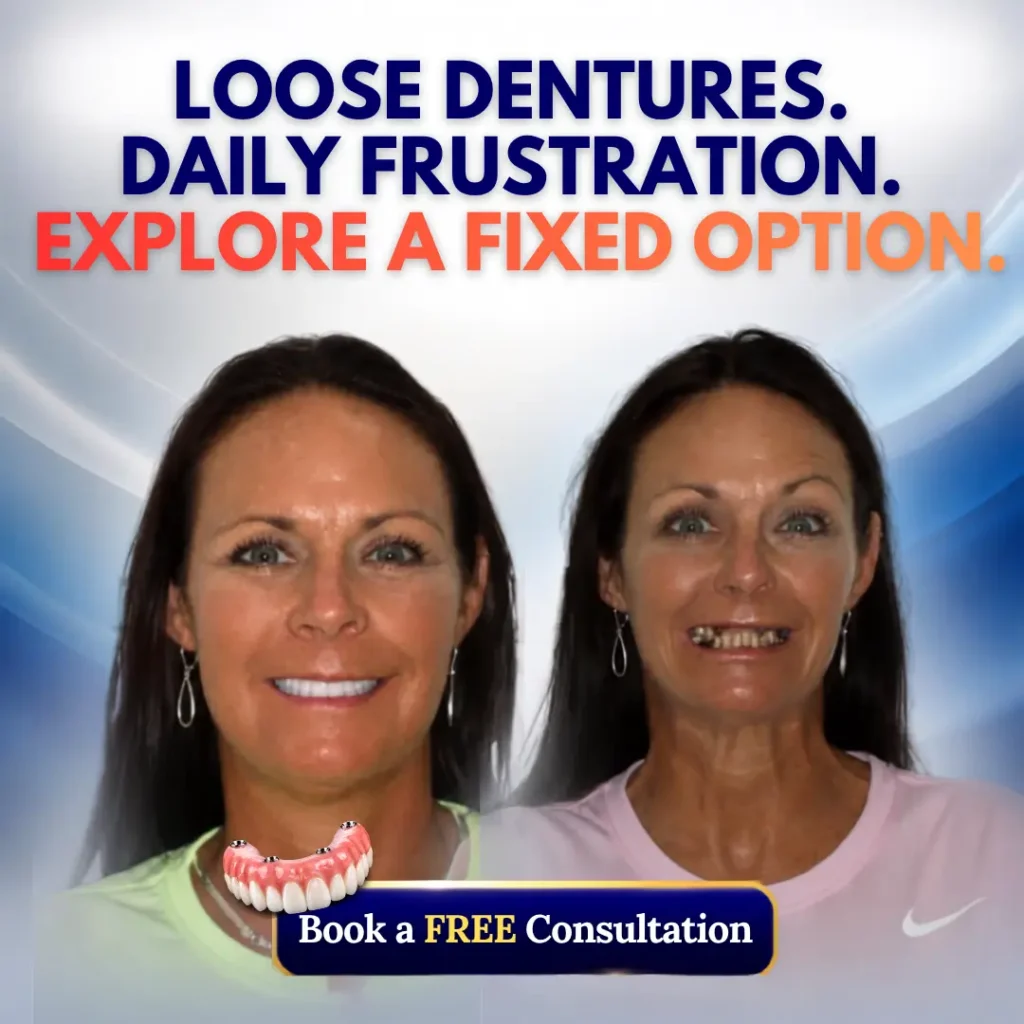 Dental Implants Near Me. Image of our real patient with her before and after dental implant in Irvine