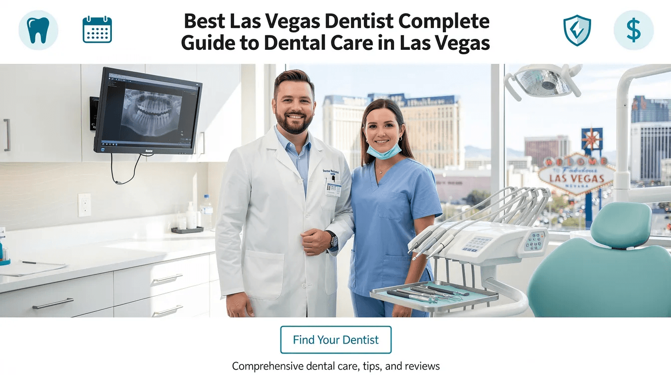 The image depicts a comprehensive guide to dental care in Las Vegas, featuring friendly and experienced dentists ready to provide a full range of dental services, including cosmetic dentistry, emergency dental care, and pediatric dentistry. It emphasizes the importance of optimal oral health and offers flexible financing options for new patients seeking restorative treatments or routine check-ups.