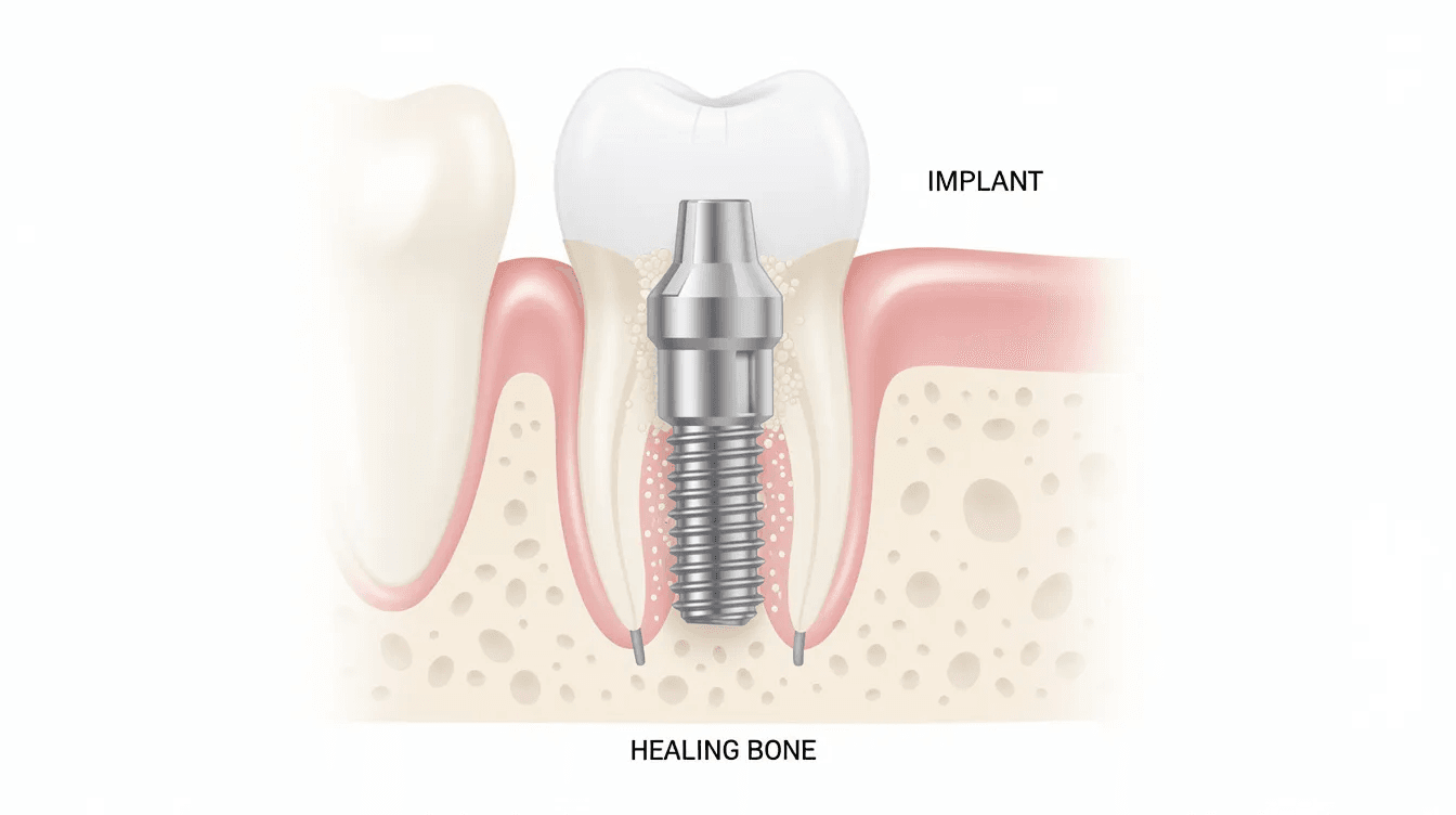 The image illustrates the different stages of the dental implant healing process, showcasing the implant site with gum tissue at various healing stages. It emphasizes the importance of maintaining good oral hygiene and following post-operative care instructions for a smooth recovery after dental implant surgery.