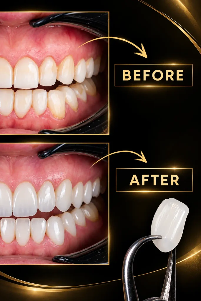 Before and After photo of composite veneers on a patient in Lasting Smiles West Covina