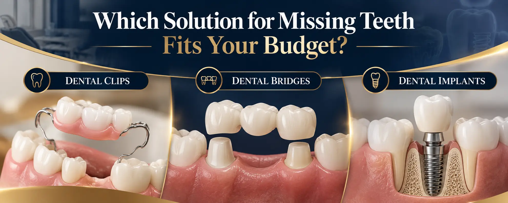 Featured image for “Dental Clips vs Dental Implant vs Dental Bridges: Which Solution for Missing Teeth Fits Your Budget?”