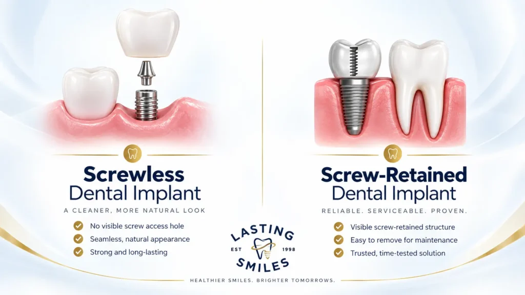 Screwless dental implants with natural-looking replacement teeth