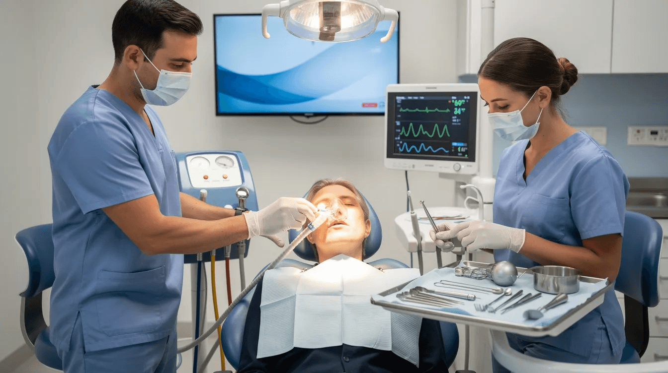 The image depicts a dental procedure room where a sedation dentist prepares to administer oral sedation to a patient The dental team is equipped with sedative drugs, including benzodiazepines, to help patients feel relaxed and comfortable during the treatment, ensuring a positive experience for both adult and pediatric patients.
