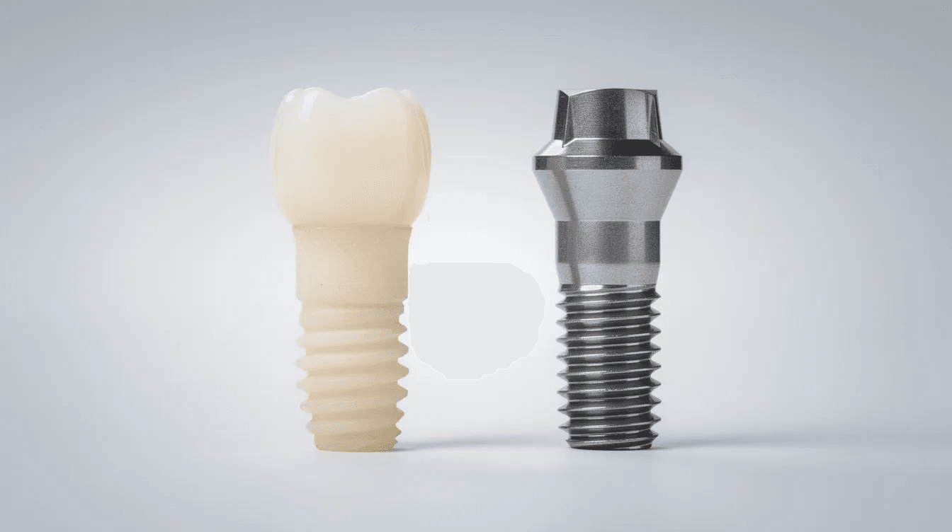 The image showcases a side-by-side comparison of zirconia and titanium dental implants, highlighting their distinct appearances; zirconia implants feature a tooth-like color and smooth surface, while traditional titanium implants have a darker metallic finish. This visual representation emphasizes the aesthetic differences important for patients seeking options in implant dentistry.