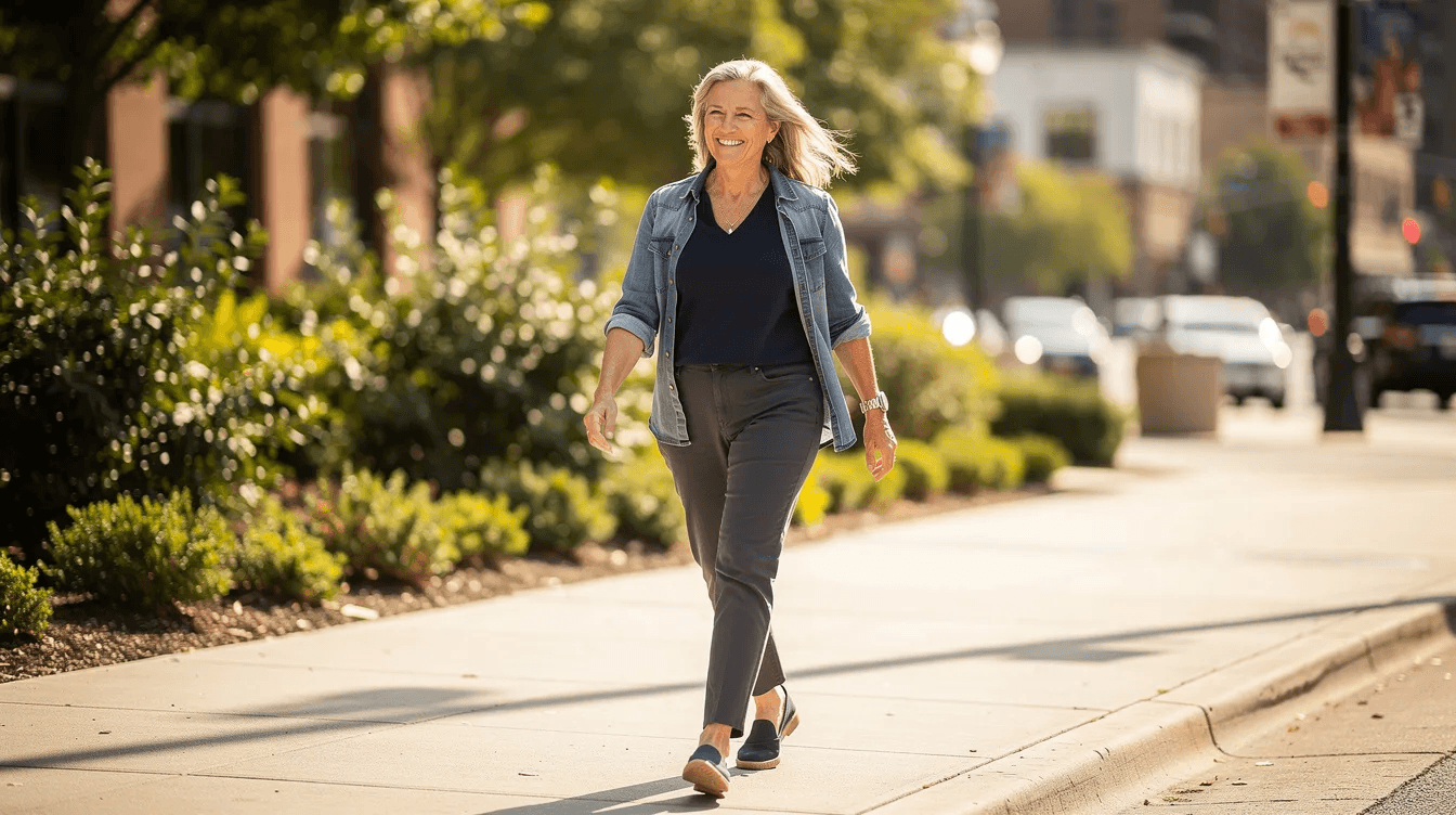 A middle-aged adult is smiling confidently while walking outdoors in natural sunlight, exuding a relaxed demeanor. Their beautiful smile reflects the positive outcomes of cosmetic dentistry treatments, emphasizing the importance of proper care for oral health.